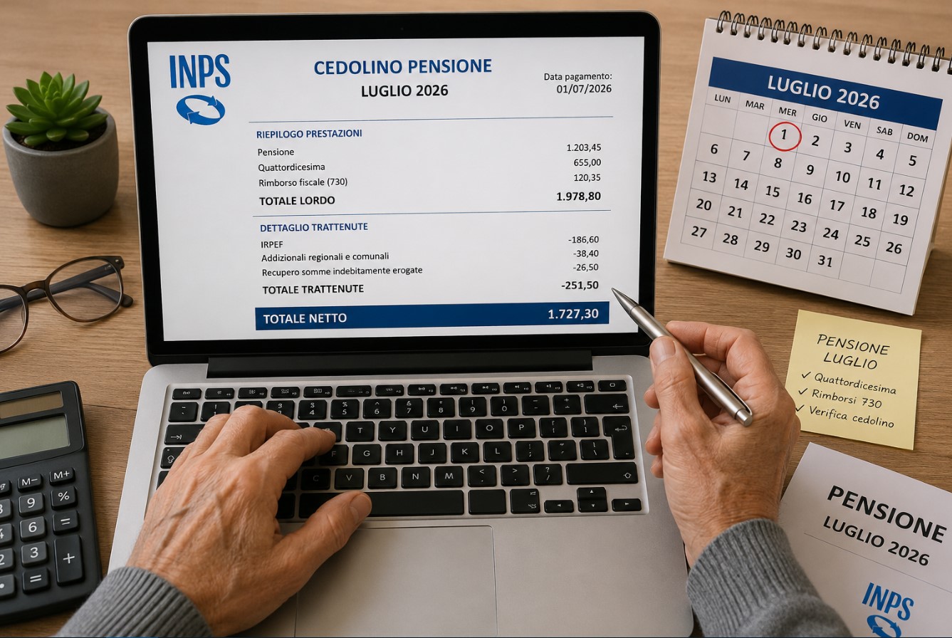 Pensioni luglio 2026, cedolino più alto con quattordicesima e rimborsi Inps