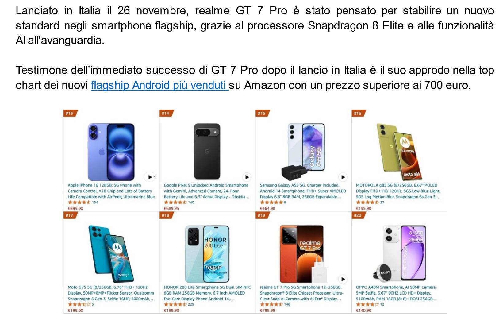 Realme GT 7 Pro: numero uno su Amazon in poche ore