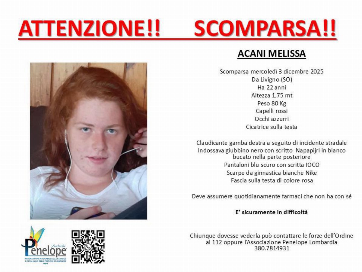 Livigno, scomparsa Melissa Acani: ricerche in corso per la 22enne
