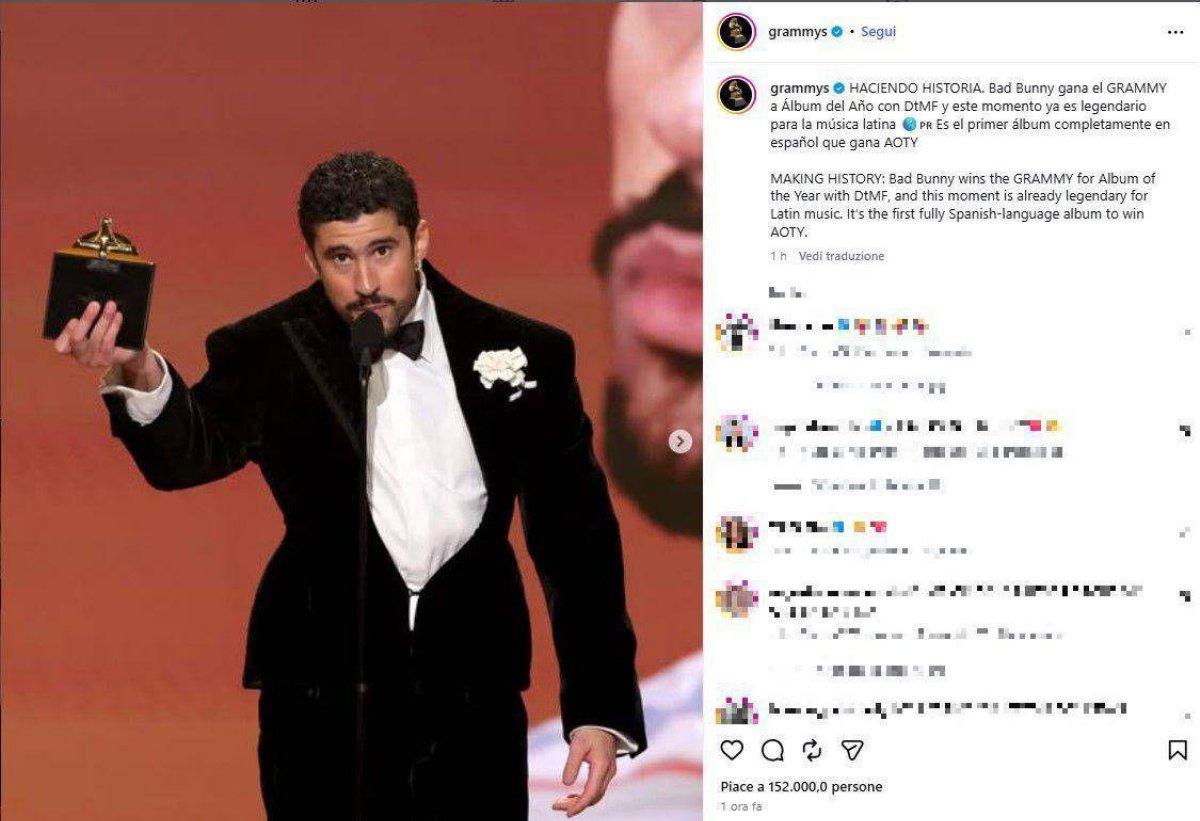 Grammy 2026, Bad Bunny conquista Album dell