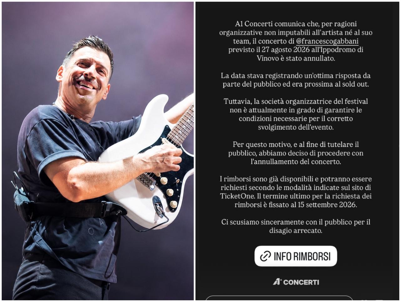 Francesco Gabbani Francesco Gabbani, annullato il concerto di Vinovo: rimborsi disponibili entro il 15 settembre 2026