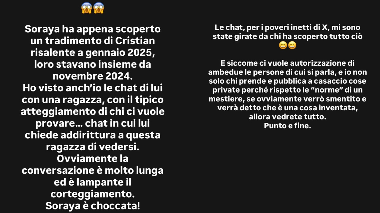Temptation Island Temptation Island, le presunte chat di Cristian riaprono il caso dopo la rottura con Soraya