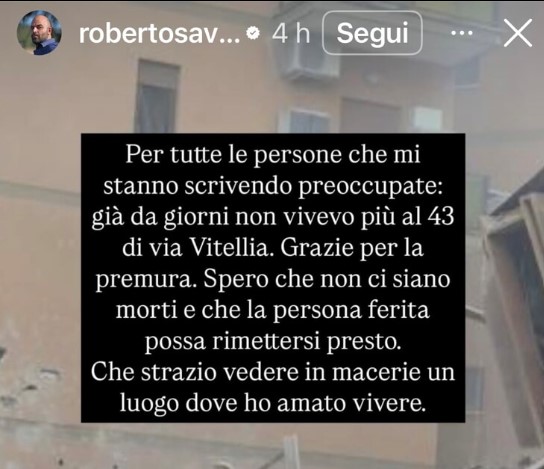 roma esplosione Roma, esplosione in una palazzina a Monteverde, Saviano: Non abitavo più lì