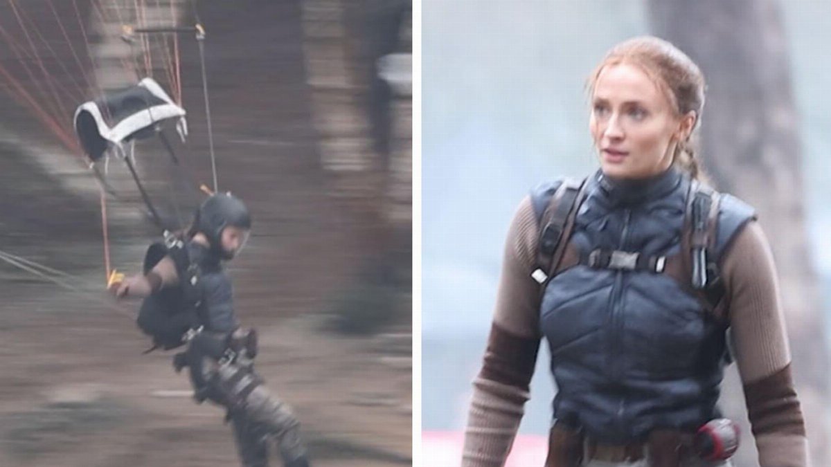 Sophie Turner esegue uno stunt con il paracadute sul set di Tomb Raider Sophie Turner esegue uno stunt con il paracadute sul set di Tomb Raider