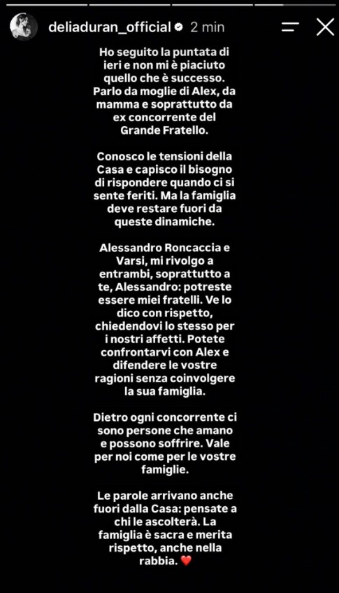 Delia Duran dopo la lite al GF Vip, il messaggio a Roncaccia per difendere la famiglia