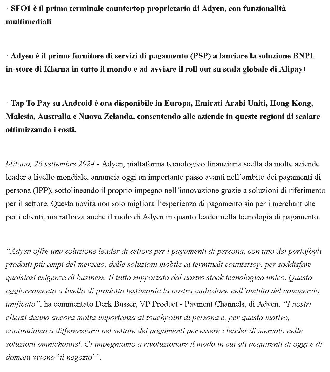 Cs Adyen: annuncia nuovi prodotti per pagamenti di persona