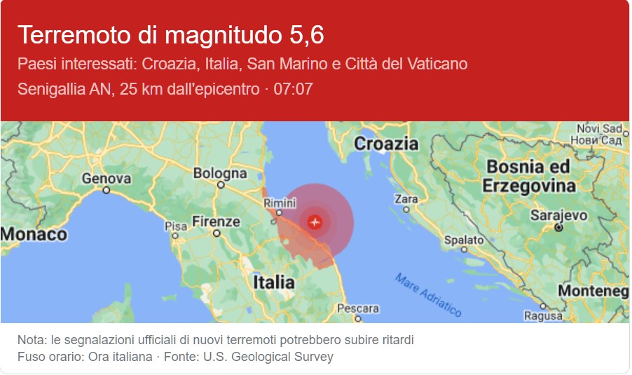 Terremoto Oggi Marche magnitudo 5.7 : Sciame sismico 20 scosse