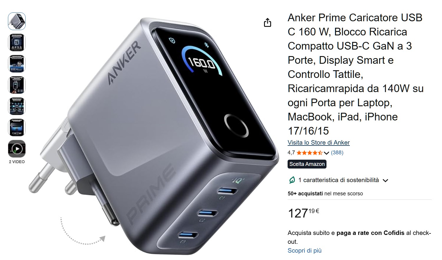 Anker Prime Caricatore USB C 160 W, ricarica rapida per MacBook e tre dispositivi