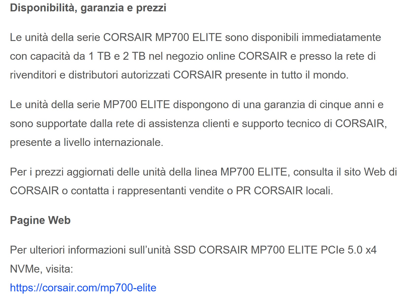 corsair lancia CORSAIR lancia le unità MP700 ELITE Series PCIe 5.0 M.2