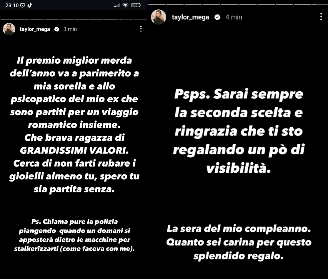 taylor mega Taylor Mega accusata di tradimento dalla sorella Giada: lite sui social durante il compleanno