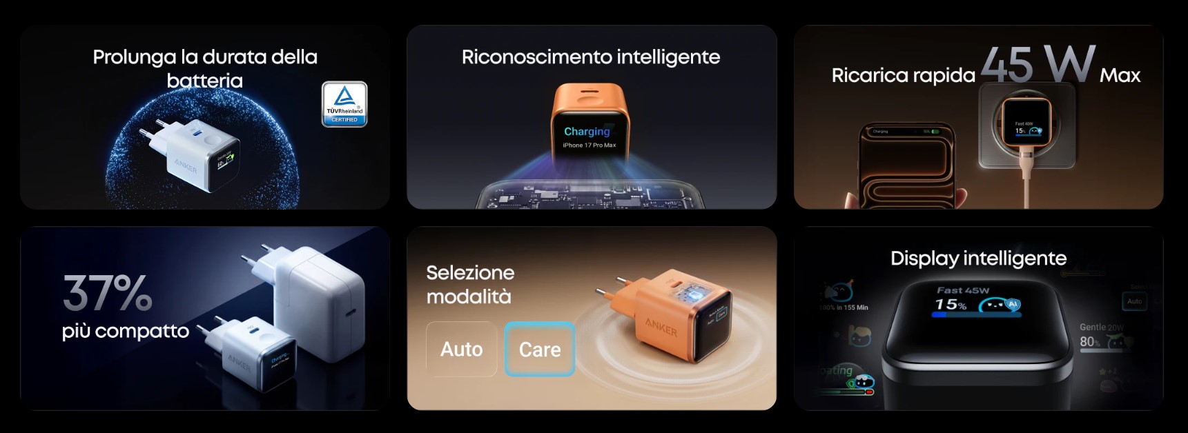 Anker Nano Charger 45 W Smart Display, il caricatore compatto con display intelligente e ricarica adattiva