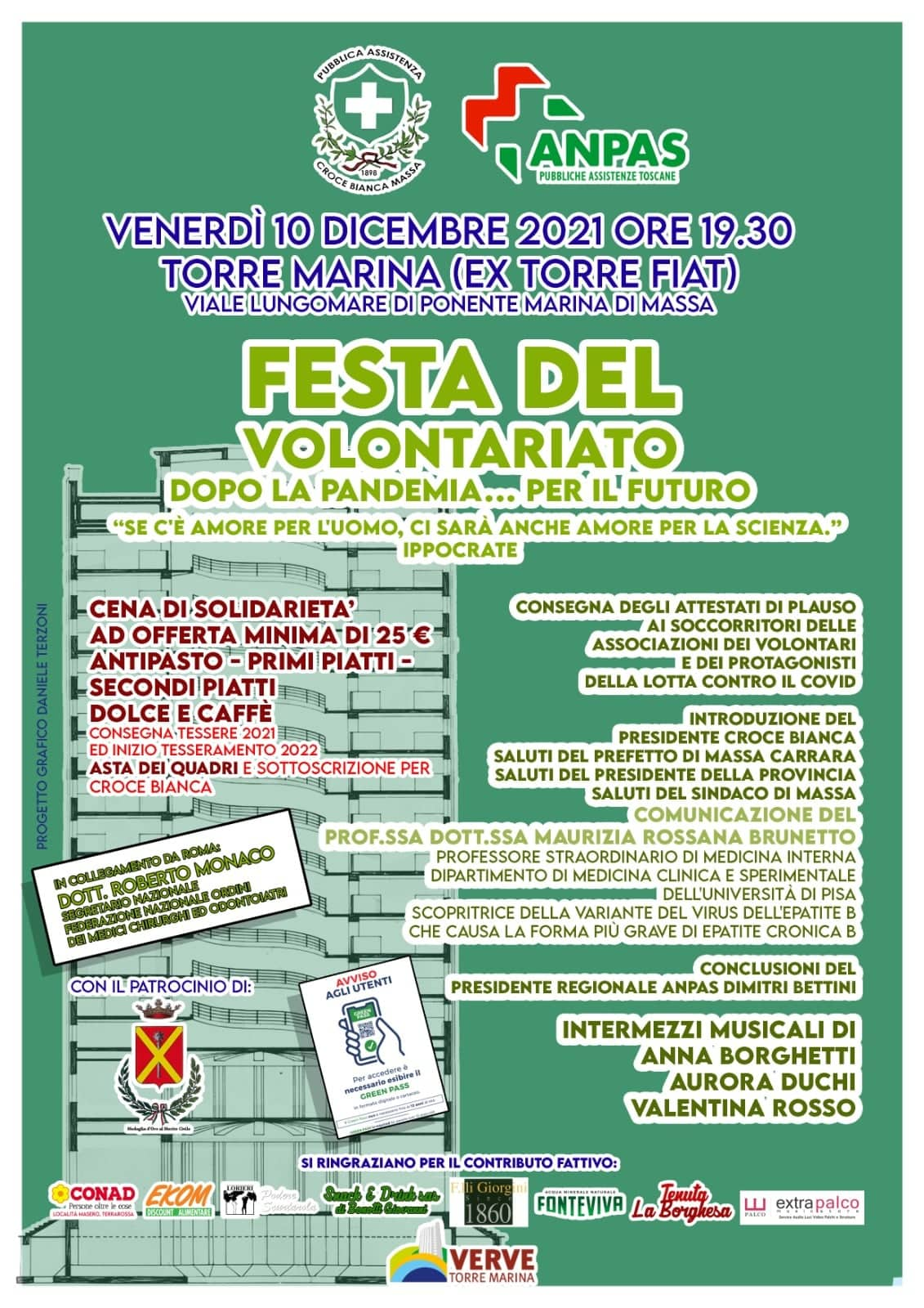 Festa del volontariato provinciale della”Croce Bianca” di Massa  10 dicembre alla Torre Fiat di Marina Massa per ringraziare volontariato , professionisti medici e non che hanno lottato e lottano contro il covid.