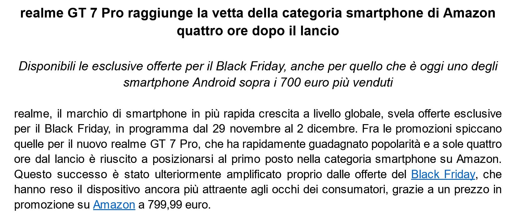 Realme GT 7 Pro: numero uno su Amazon in poche ore