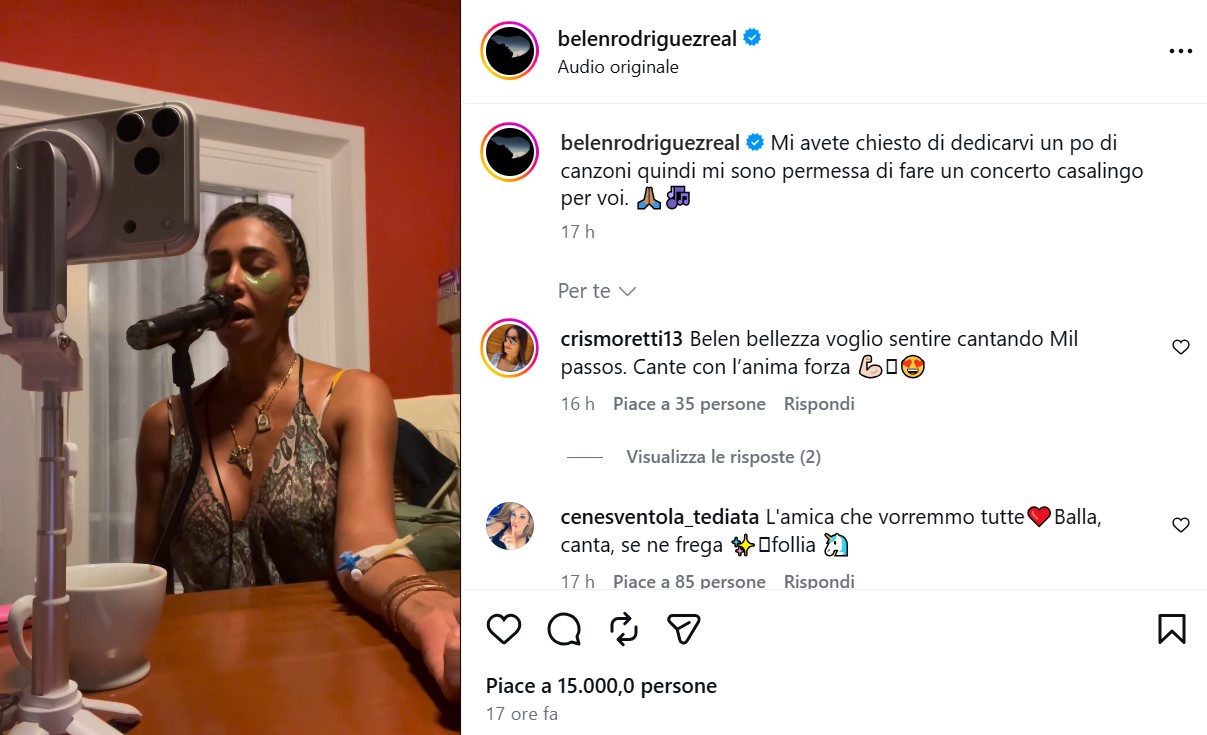 Belen Rodriguez canta con la flebo, la spiegazione ai fan preoccupati per la bronchite