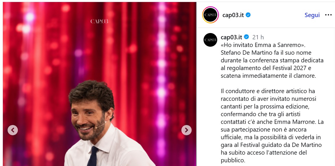 Sanremo 2027, De Martino invita Emma e affida alla Serata Performance la scelta Eurovision