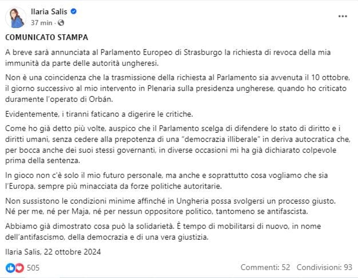 l’ungheria chiede L’Ungheria chiede la revoca dell’immunità per Ilaria Salis