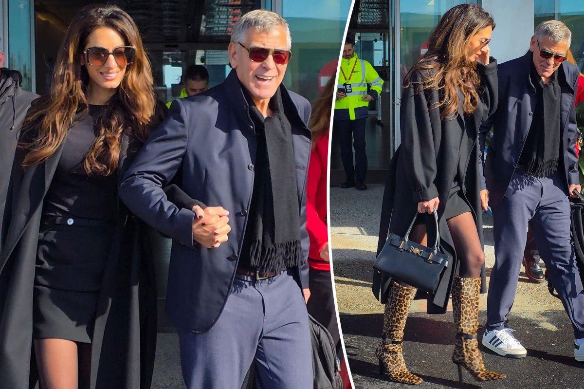 Amal Clooney a Milano con stivali leopardati Versace prima delle Olimpiadi Invernali 2026