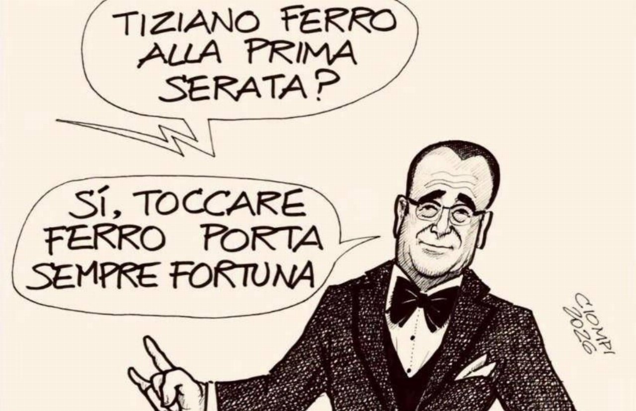 Sanremo 2026, Carlo Conti scherza su Tiziano Ferro e tocca ferro