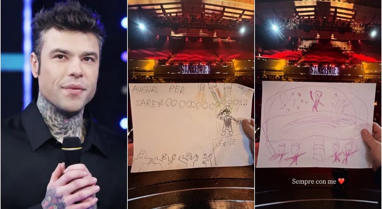 Fedez a Sanremo con i disegni dei figli Leone e Vittoria dietro le quinte Fedez a Sanremo con i disegni dei figli Leone e Vittoria dietro le quinte