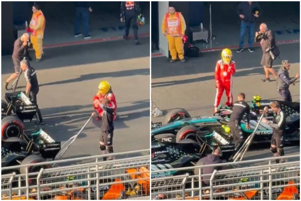 Formula 1, Hamilton osserva la Mercedes a Shanghai prima delle qualifiche Sprint