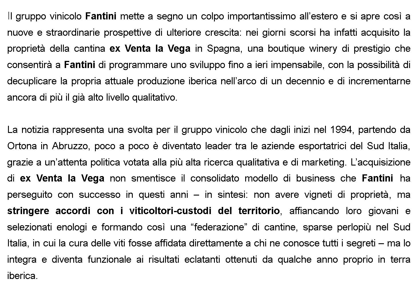 FANTINI: RILEVATA LA CANTINA EX VENTA LA VEGA IN SPAGNA