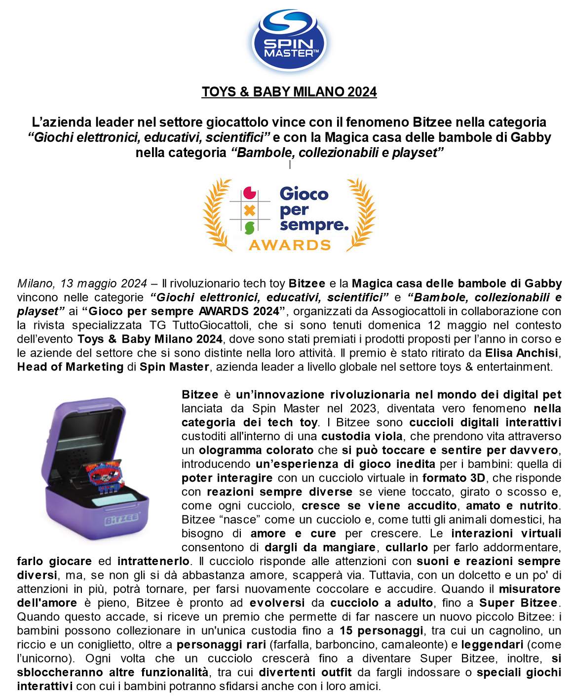 DOPPIA VITTORIA DI SPIN MASTER AI GIOCO PER SEMPRE AWARDS 2024