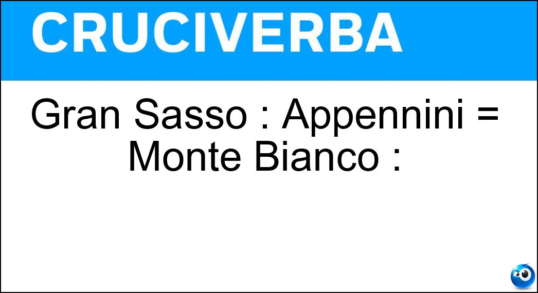 Gran Sasso : Appennini = Monte Bianco : Soluzione Cruciverba: Gran Sasso : Appennini = Monte Bianco : - Risposta Alpi