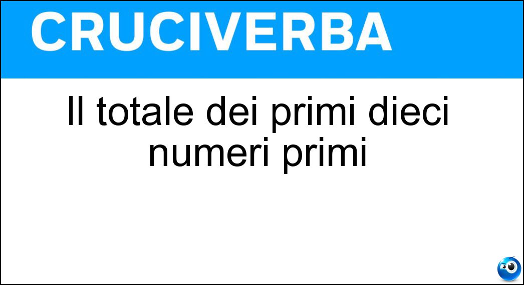 Il totale dei primi dieci numeri primi Soluzione Cruciverba: Il totale dei primi dieci numeri primi - Risposta Centoventinove