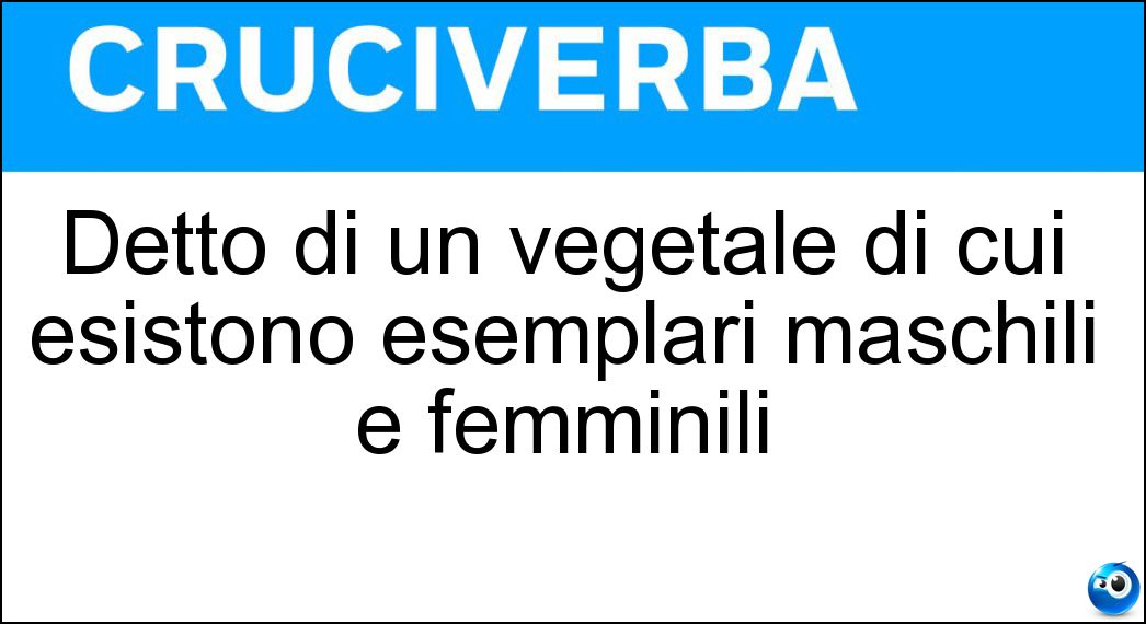 Detto di un vegetale di cui esistono esemplari maschili e femminili Soluzione Cruciverba: Detto di un vegetale di cui esistono esemplari maschili e femminili - Risposta Dioico