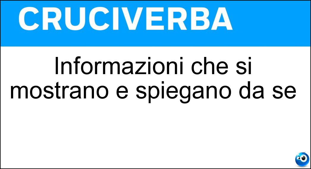 Informazioni che si mostrano e spiegano da sé Soluzione Cruciverba: Informazioni che si mostrano e spiegano da sé - Risposta Evidenze