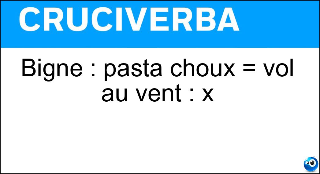 Bignè : pasta choux = vol au vent : x Soluzione Cruciverba: Bignè : pasta choux = vol au vent : x - Risposta Pasta Sfoglia