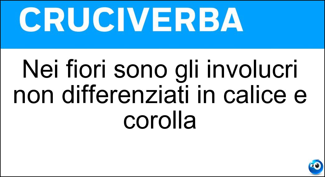 Nei fiori sono gli involucri non differenziati in calice e corolla Soluzione Cruciverba: Nei fiori sono gli involucri non differenziati in calice e corolla - Risposta Perigoni