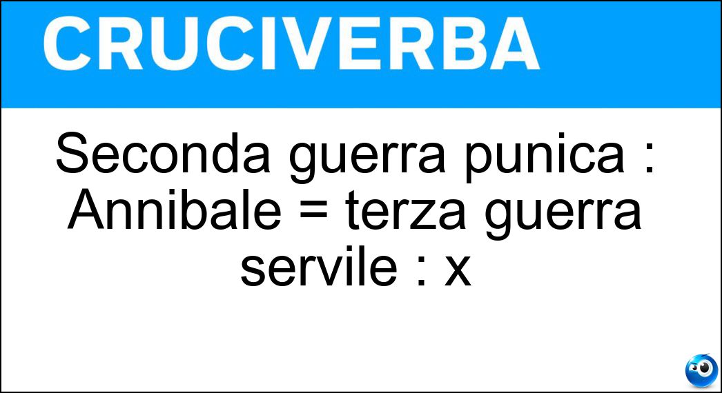 Seconda guerra punica : Annibale = terza guerra servile : x Soluzione Cruciverba: Seconda guerra punica : Annibale = terza guerra servile : x - Risposta Spartaco