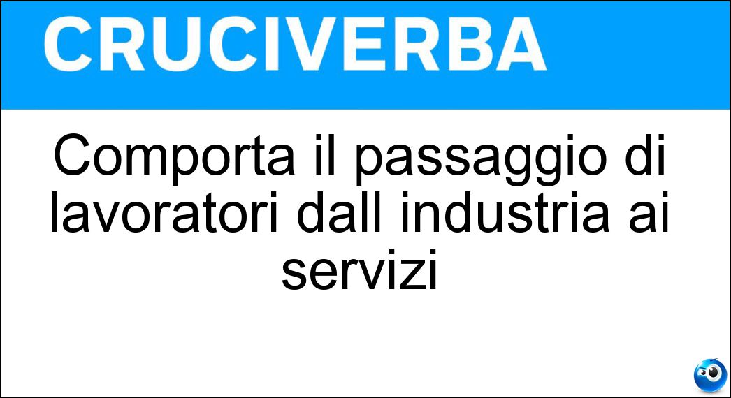 Comporta il passaggio di lavoratori dall industria ai servizi Soluzione Cruciverba: Comporta il passaggio di lavoratori dall industria ai servizi - Risposta Terziarizzazione